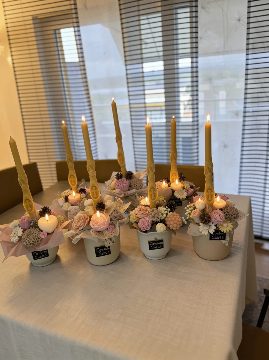 Bougies fines et compositions florales alignées sur une table de fête