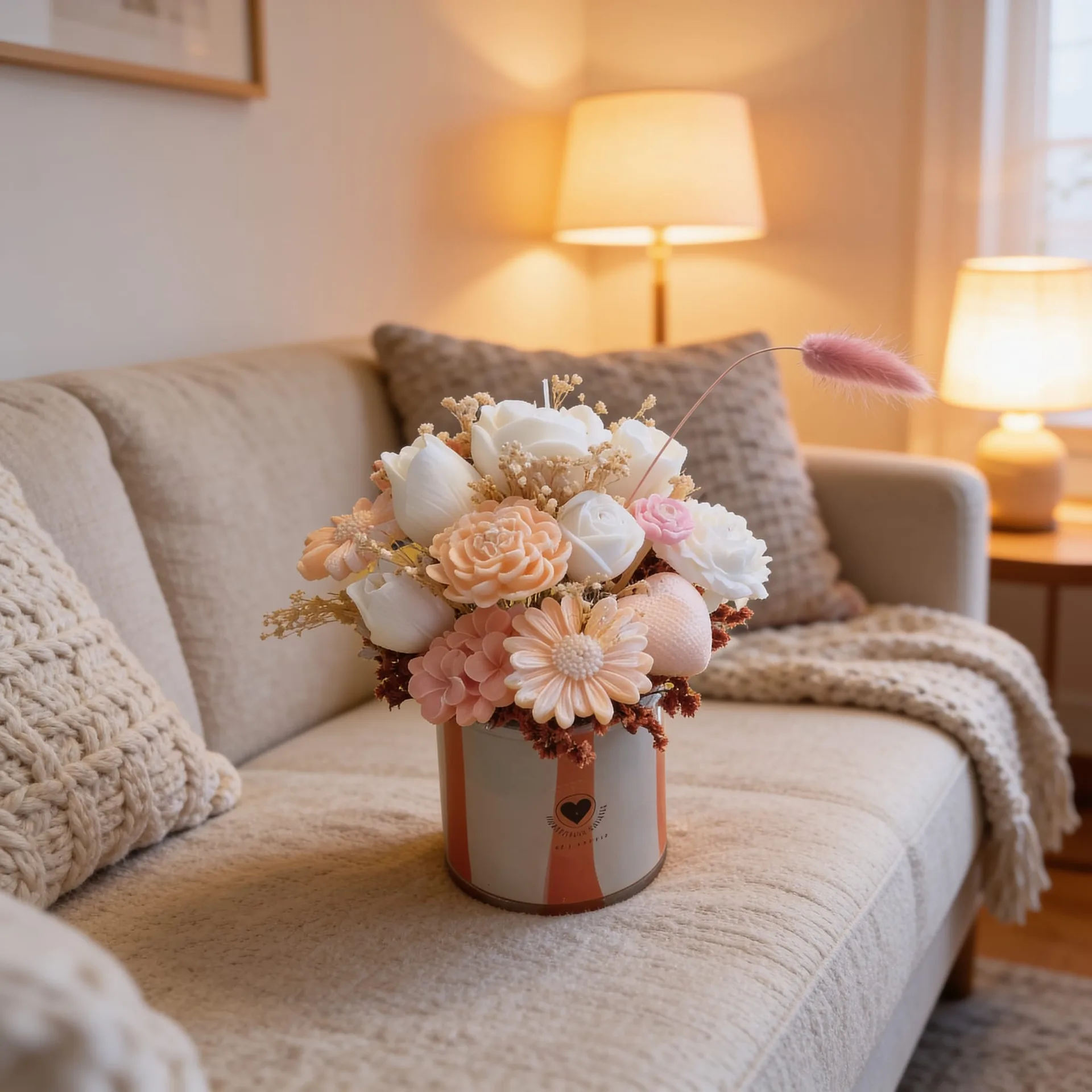 Bouquet de bougies en forme de fleurs posé sur un canapé beige